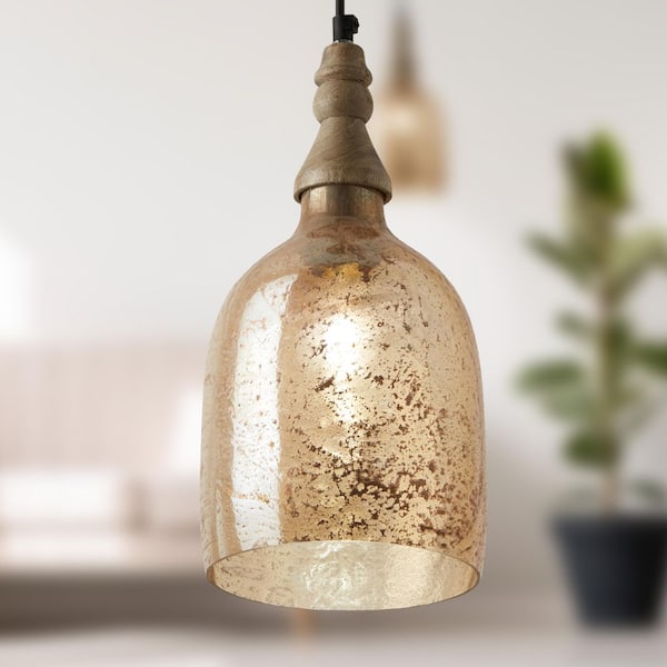 Abrielle 7-in. 1-Light Bell-Shaped Glass Shade Pendant Lamp with Mango Wood Accent