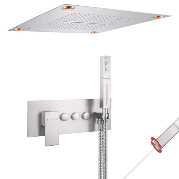 Luxury Single Handle 2-Spray Shower Faucet 1.8 GPM with 16 in. LED Square Rainfall Shower Head in Brushed Nickel