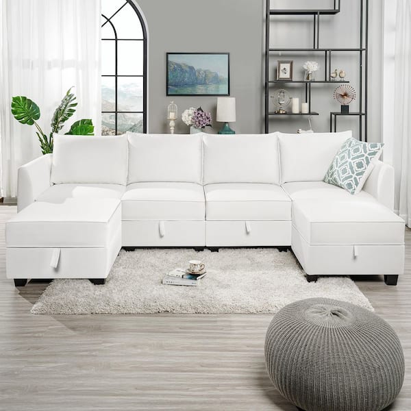 56.1 in. Armless 4-piece Linen U-Shaped Sectional Sofa in. White Down with Reversible Chaise and Double Ottoman
