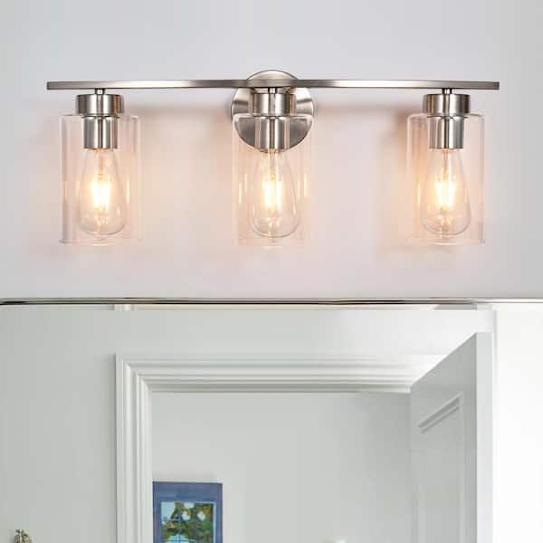Lucy 22.4 in. 3-Light Curved Brushed Nickel Bathroom Vanity Light Fixtures with Glass Shade