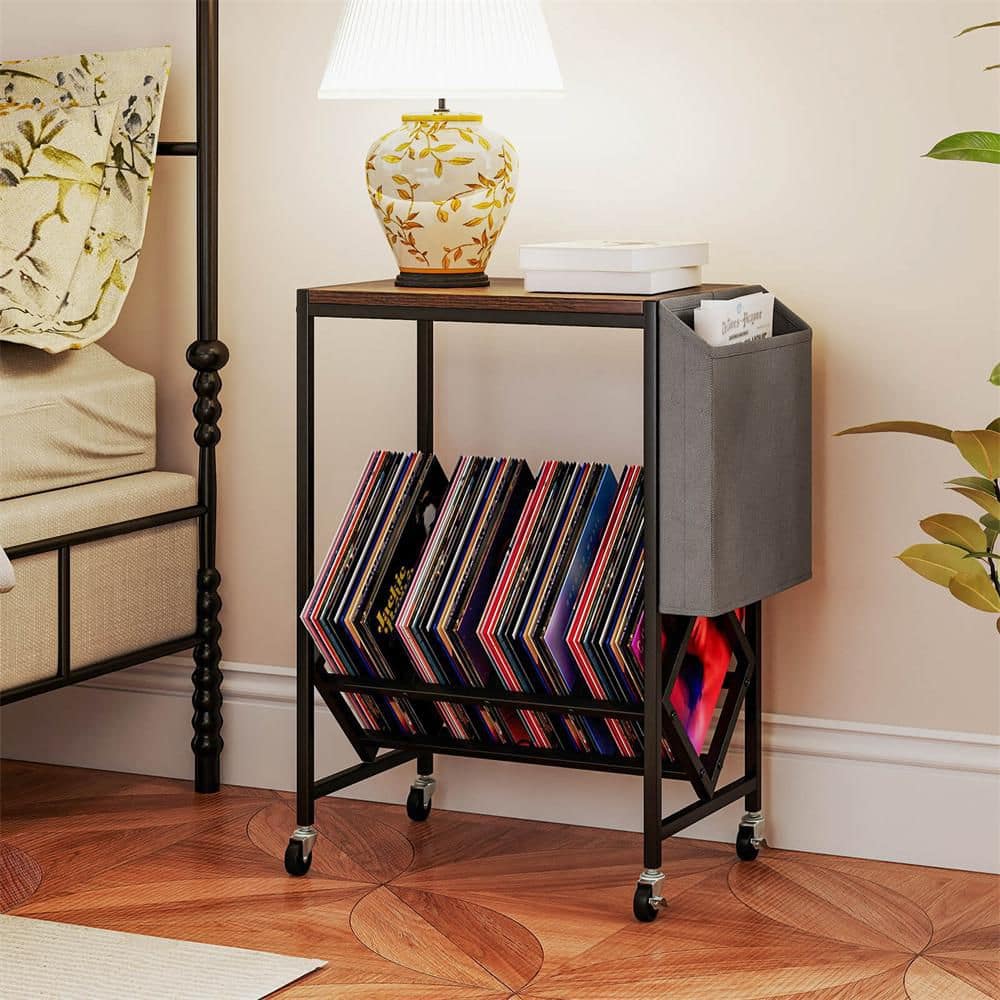 Rustic Brown Record Player Stand with Vinyl Record Storage and Side Storage Pouch, Swivel Wheels
