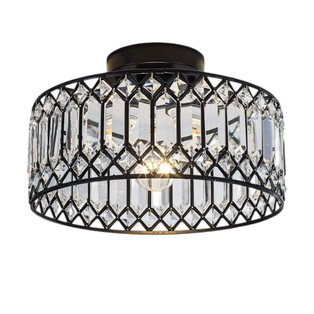 Davidson 12 in. 1-Light Drum Modern Matte Black Crystal Semi-Flush Mount Ceiling Light for Hallways Entryways price history on PriceWatchPro