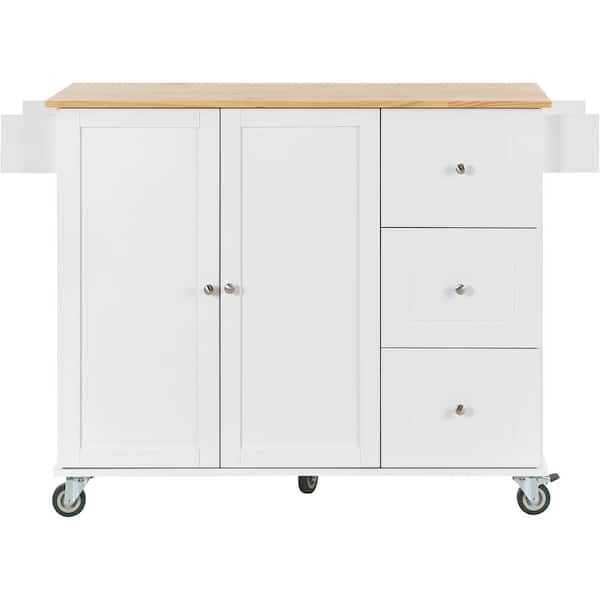 White Solid Wood MDF Kitchen Cart with Drop-Leaf Countertop and Locking Wheels