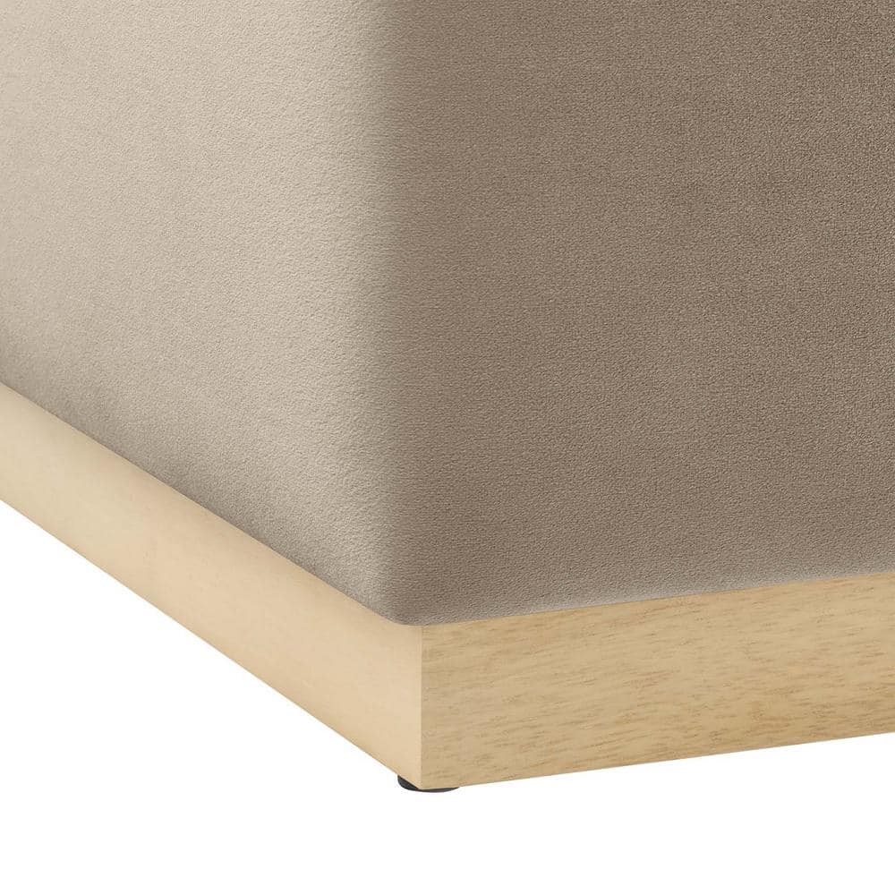 Tilden Taupe Velvet Upholstered Square Ottoman with Rubberwood Base