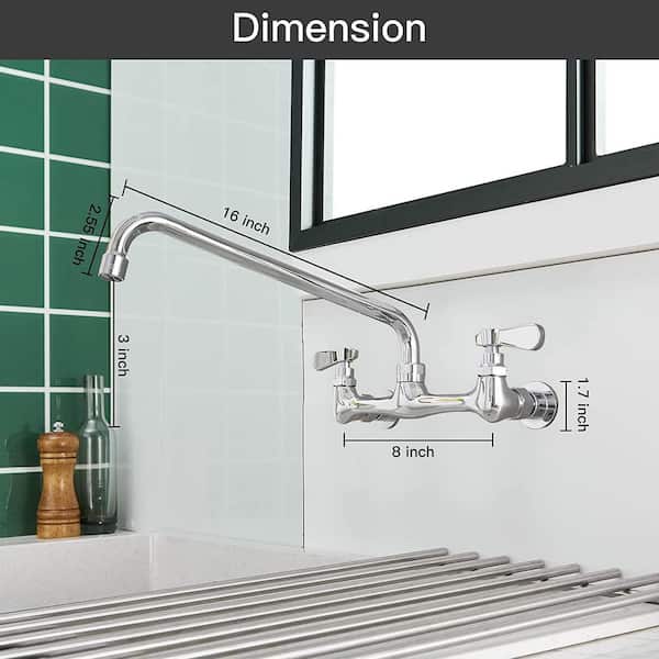 2-Handle Commercial Sink Faucet with 16" Swivel Spout 8" Center Wall Mount Kitchen Faucet in Polished Chrome