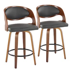 Pino 25.5 in. Grey Faux Leather, Walnut Wood and Black Metal Fixed-Height Counter Stool with Round Footrest (Set of 2)