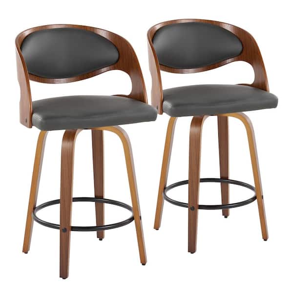 Lumisource Pino 25.5 in. Grey Faux Leather, Walnut Wood and Black Metal Fixed-Height Counter Stool with Round Footrest (Set of 2)