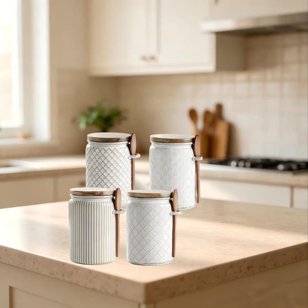 4-Piece Ceramic Kitchen Canisters for Countertop, 18 oz. Sugar Coffee Tea Storage Containers