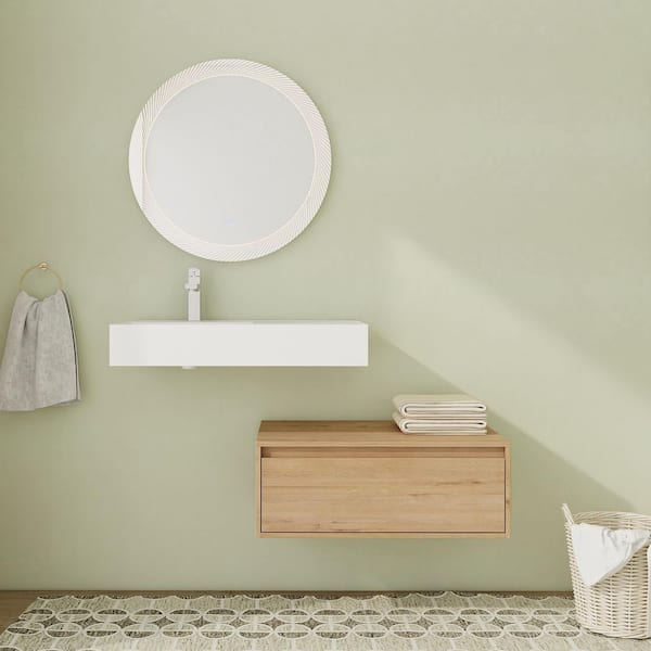 30 in. Wall-Mounted Single Oak Bath Vanity with White Resin Top Assembled