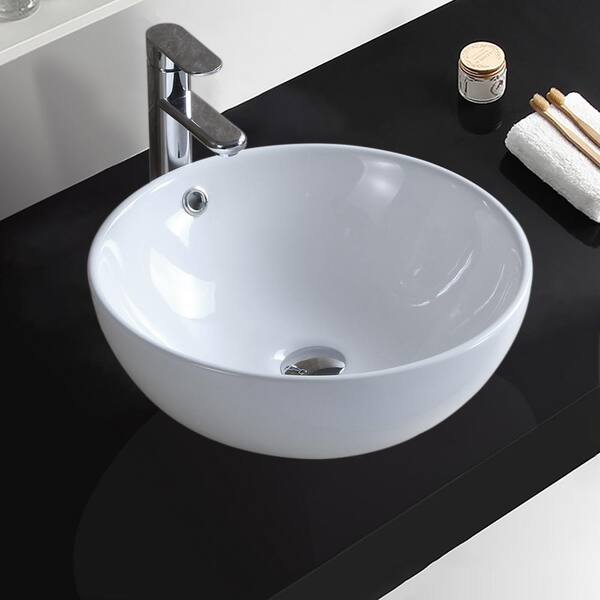 Satico 16.5 in. Fango White Round Ceramic Bathroom Sink Basin Top Mount Vessel Sink in White