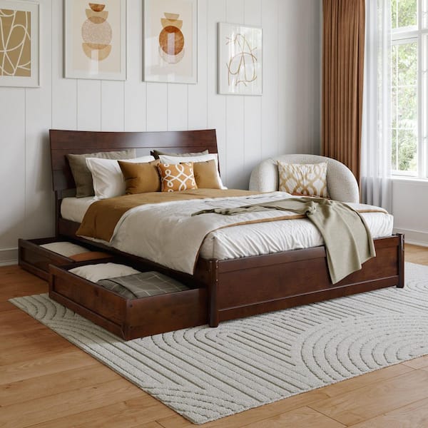 Harlowe Walnut Brown Wood Frame Full Platform Bed with Storage Drawers