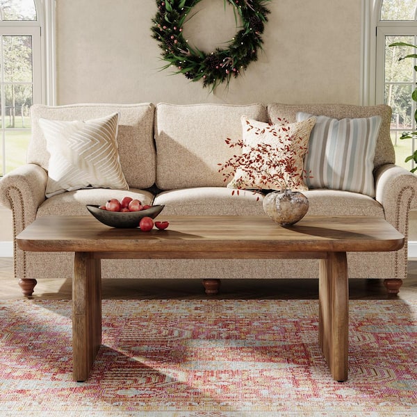 Allan 47 in. Brown Rectangle Wood Coffee Table with Sturdy Base and Rounded Corners, Farmhouse Accent Center Table