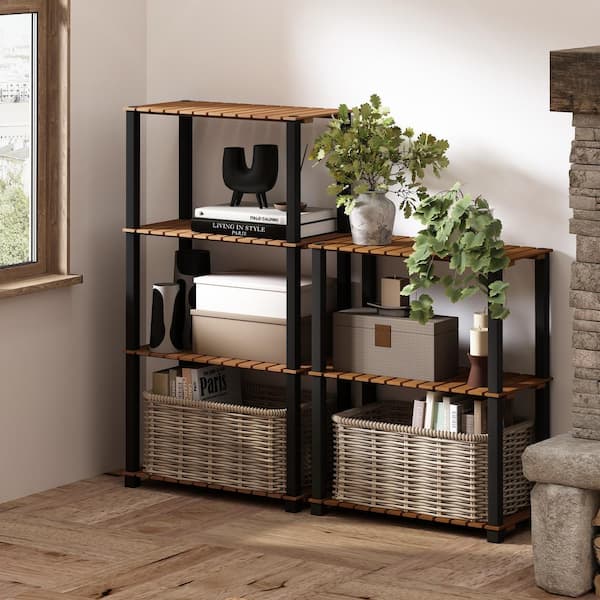 Furinno Turn-N-Tube 43.3 in. Tall Natural/Black Wood 4-Shelf Bookcase with Square Poles