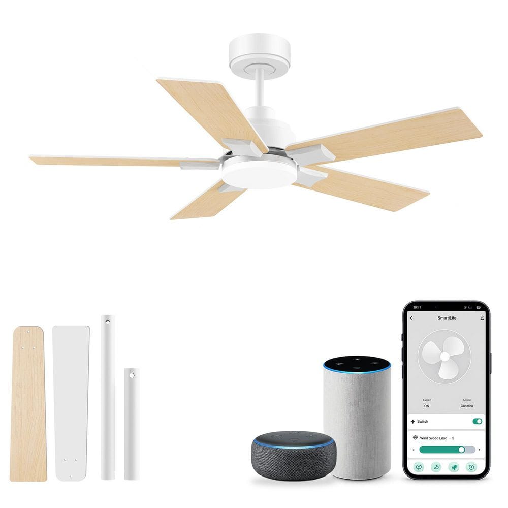 42 in Standard Smart Downrod Mount Indoor/Outdoor Ceiling Fan with LED Lights,Alexa/APP/Remote Control,White&Light Wood