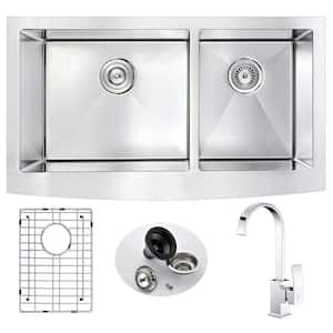 ELYSIAN Farmhouse Stainless Steel 33 in. Double Bowl Kitchen Sink and Faucet Set with Opus Faucet in Brushed Satin