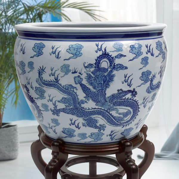 Oriental Furniture 16" Landscape Blue & White Porcelain Fishbowl 