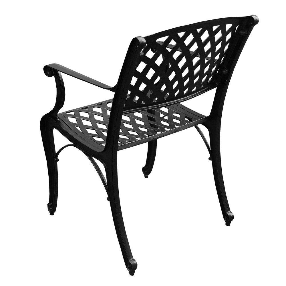 Black outdoor dining chair with diamond lattice backrest.
