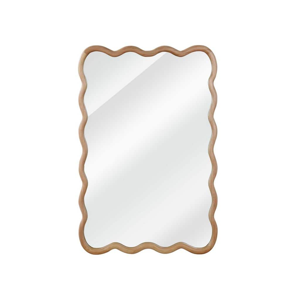 20 in.W x 30 in.H Natural Wood Wavy-Edged Rectangle Mirror, Solid Wood Frame Wall-Mounted Decorative Mirror