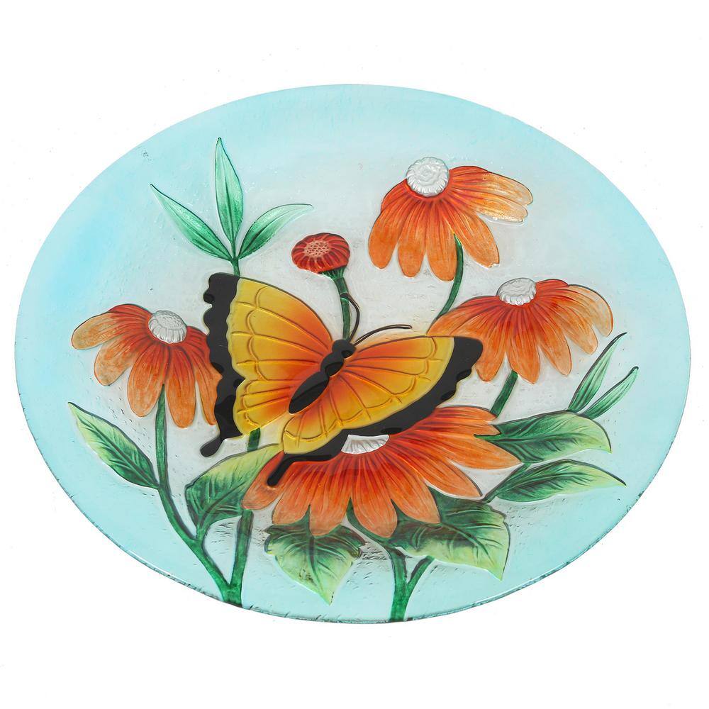 Butterfly and Flowers Glass Bird Bath with Metal Stand