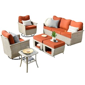 Sierra Beige 6-Piece Wicker Pet Friendly Outdoor Patio Conversation Sofa Set with Swivel Chairs and Orange Red Cushions