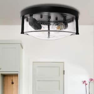 11 in.2-Light Black Flush Mount Ceiling Lamp with Seeded Glass Shade for Entryway Bedroom