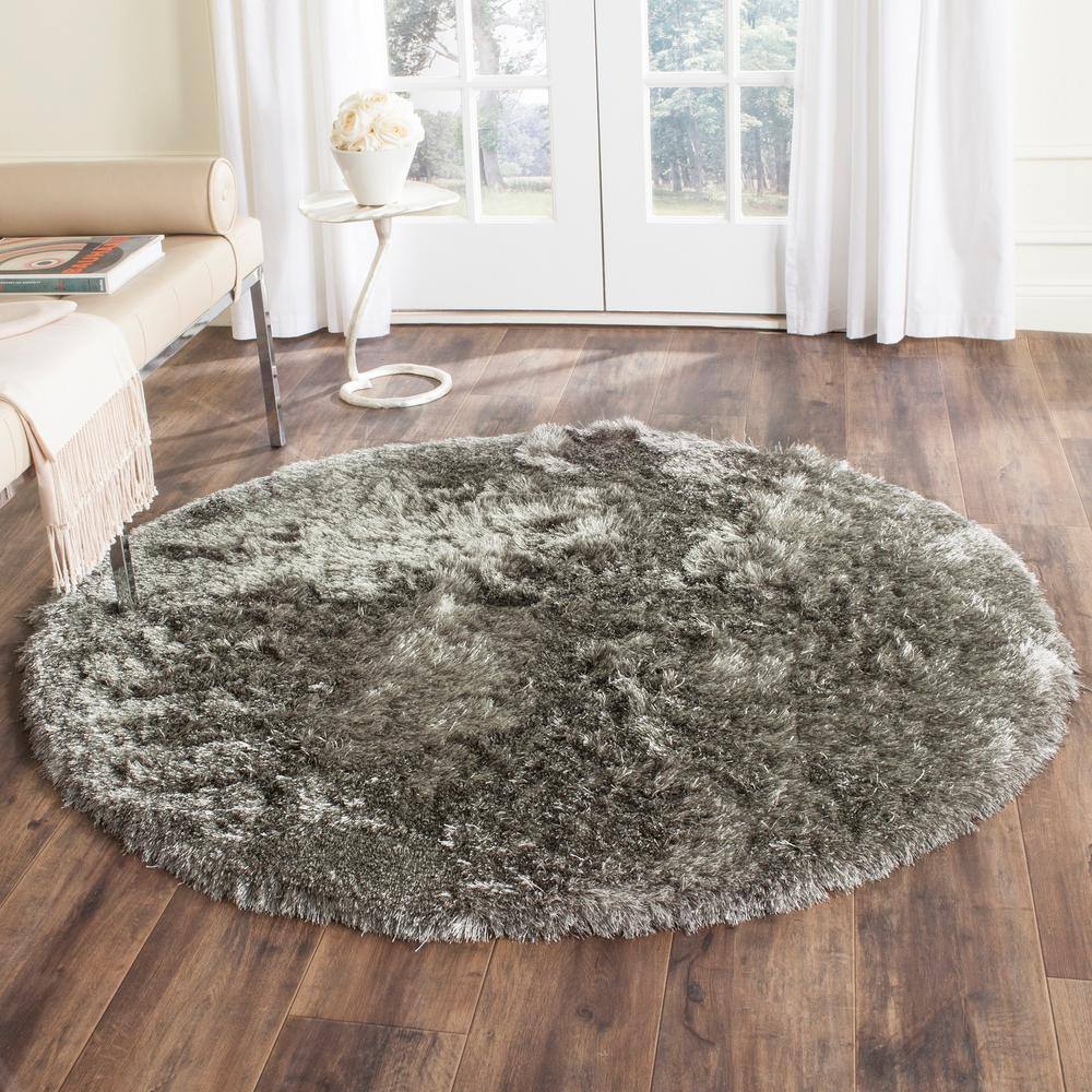 Silver Round Hand-Tufted Shag Area Rug, 5' Synthetic