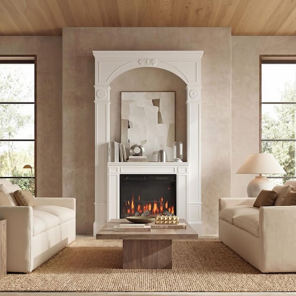 White Wood TV Stand Entertainment Center Fits TVs up to 32 in. with Electirc Fireplace, Remote Control, 12 Flame Colors