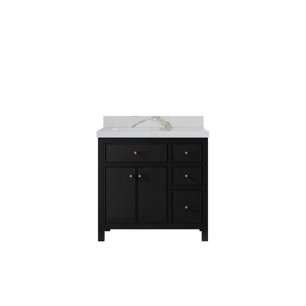 Willow Collections Sonoma 36 in. Left Sink Freestanding Black Bath Vanity with Calacatta Gold Qt. Top Unassembled