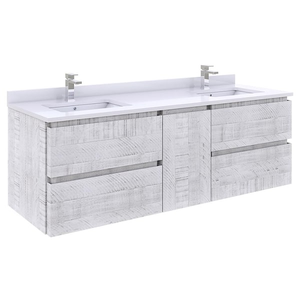 Fresca Formosa 60 in. Double Sink Wall Mount Rustic White Bath Vanity with White Quartz Top and Undermount Ceramic Sink