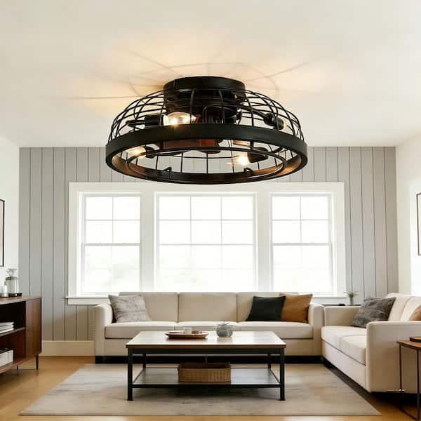 19.7 in. 4-Light Black Caged Flush Mount Ceiling Fan with Light, Industrial Low Profile Fandelier Fan with Remote
