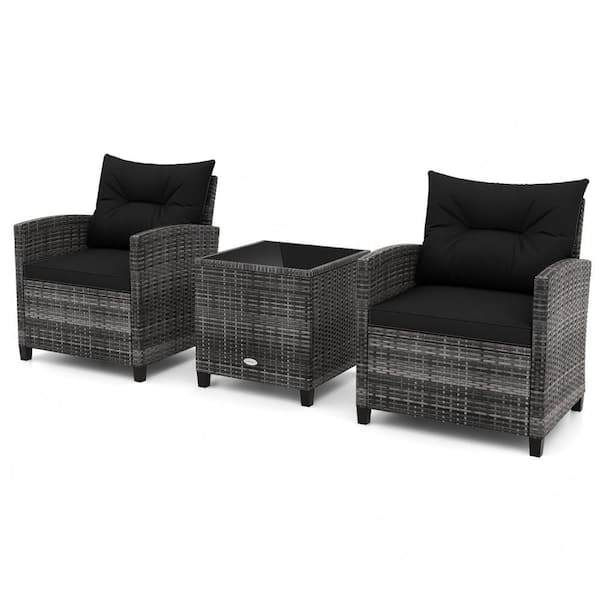 Clihome 3-Piece Wicker Patio Conversation Set with Black Cushions and Tempered Glass Tabletop