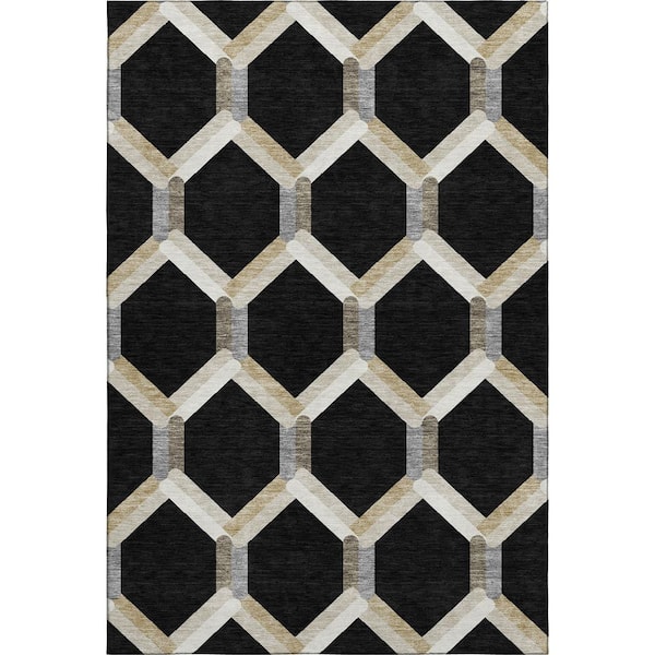Mayfield Premium Machine Washable Abstract AMF2343 Black 5 ft. x 7 ft. 6 in. Area Rug
