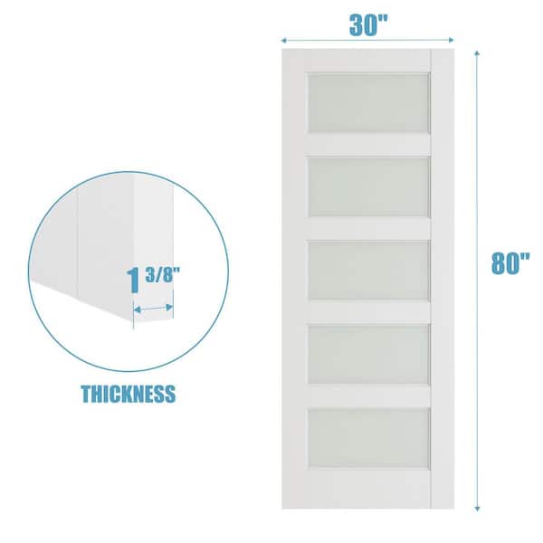 30 in x 80 in 5 Lite Solid Core Frosted Glass White Primed Composite MDF Wood Interior Door Slab