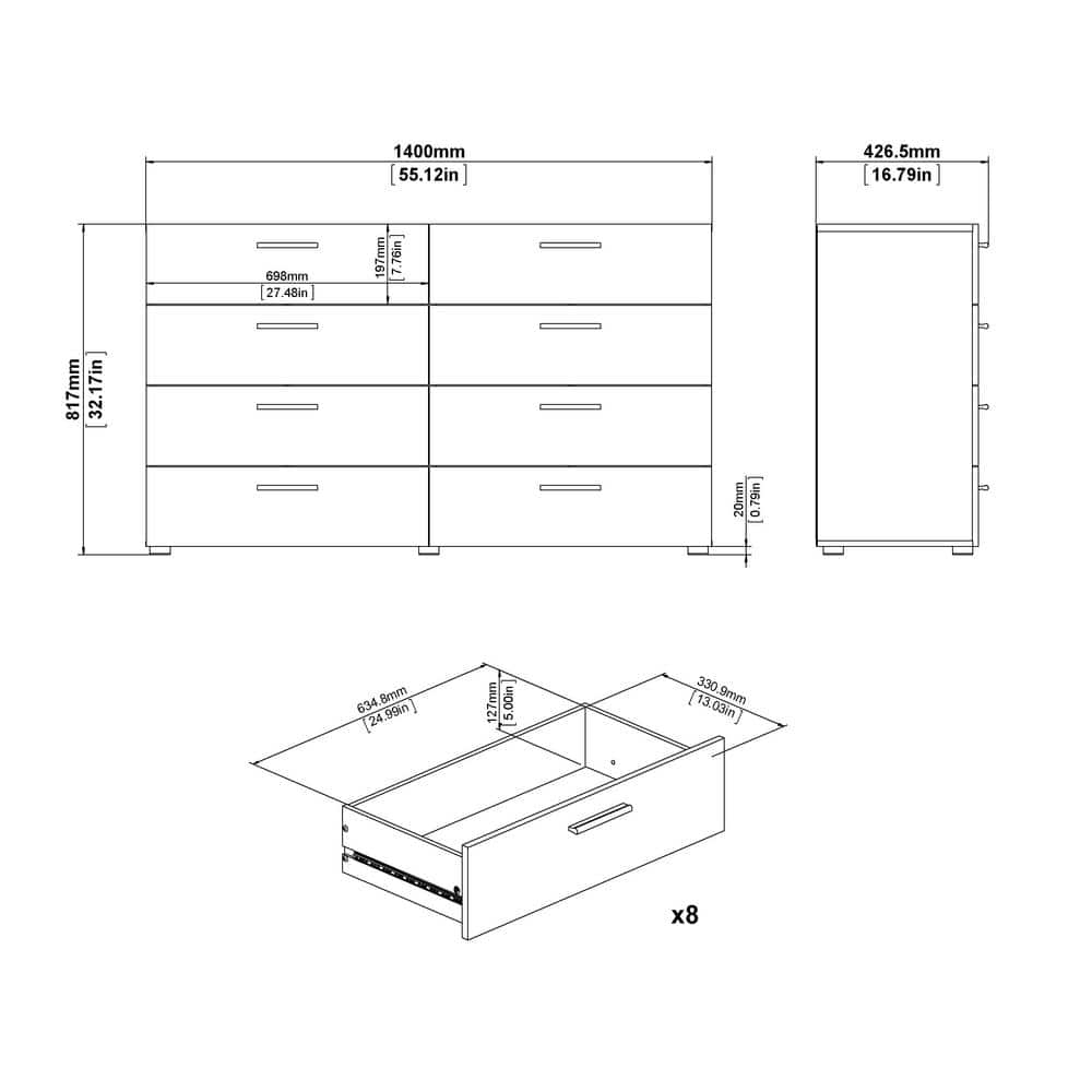 White and Oak Double 8-Drawer Modern Dresser