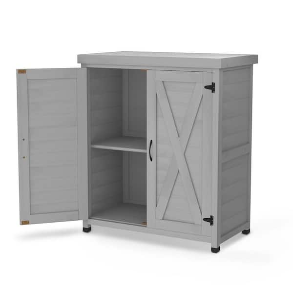 Unbranded 31 in.W x 17 in.D x 36 in.H Gray Wood Outdoor Storage Cabinet, Kitchen Island/Potting Bench with Shelf and Metal Top
