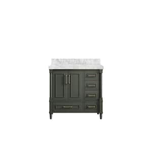 Hudson 36 in. W x 22 in. D x 36 in. H Left Offset Sink Bath Vanity in Pewter Green with 2 in Carrara Marble Top