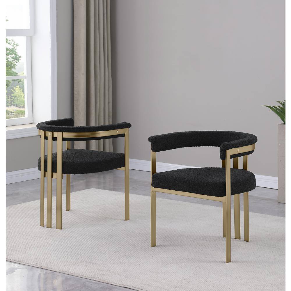 Black Boucle Upholstered Side Chairs with Gold Iron Frame, Set of 2
