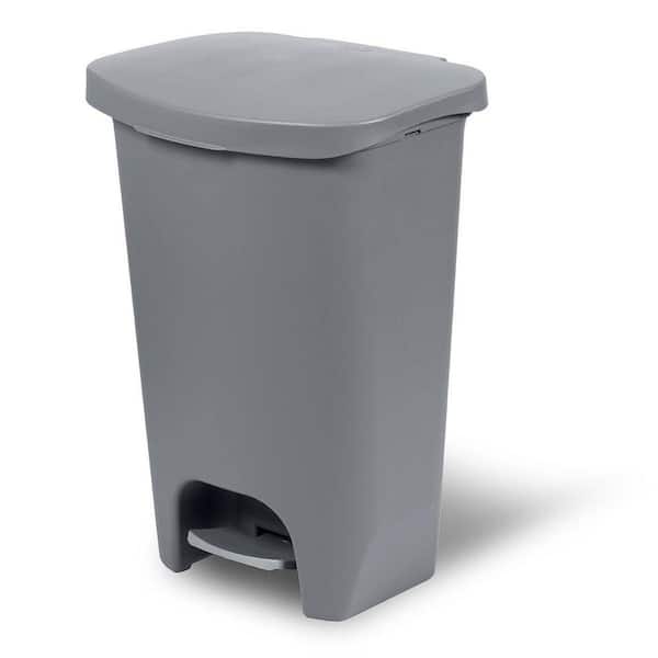 13 Gal. Plastic Kitchen Hands Free Waste Bin with Odor Protection of Lid Step On Foot Pedal and Garbage Bag Rings, Gray