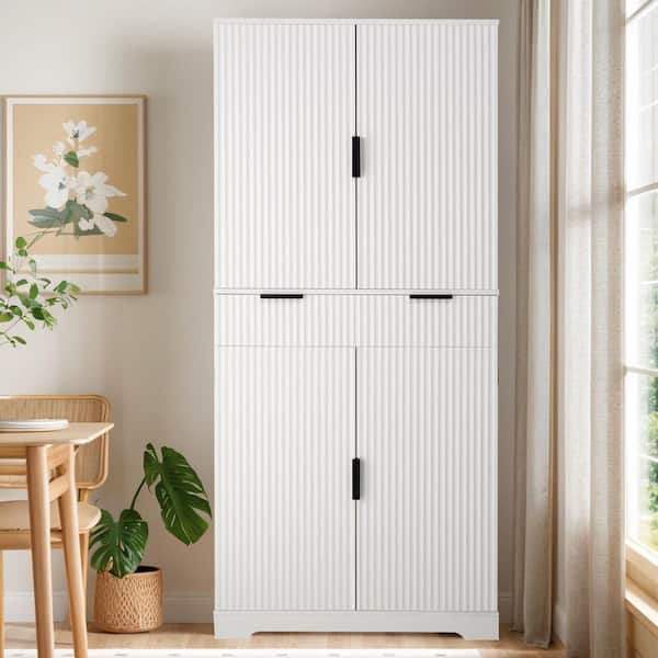 White Engineered Wood Freestanding 31.5 in. W Pantry Cabinet with Adjustable Shelves and 3-Keyboard Storage Drawers