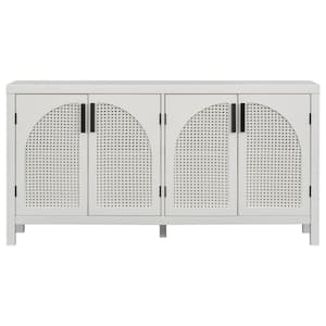 White Solid Wood 58 in. Large Storage Sideboard with Artificial Rattan 4 Doors and Metal Handles