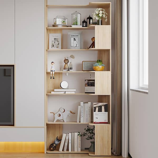 35.4 in. Wide Bright Wood Grain 7-Shelves Accent Bookcase, Open Back Bookshelf, Corner Bookcase (82 in. H x 23.6 in. D)
