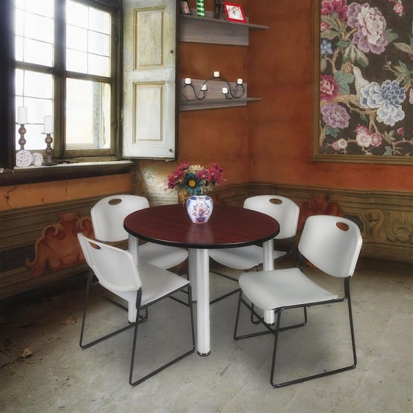 Kee 36 in. Mahogany Top Round Breakroom Table Desk, Chrome Legs, 4 Zeng Stack Chairs-Grey