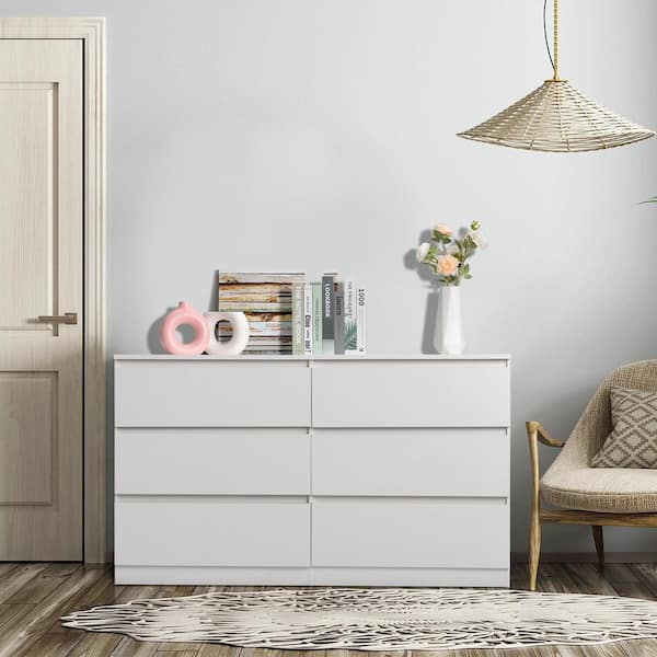White 6 Drawer 55. 12 in. Wide Chest of Drawers