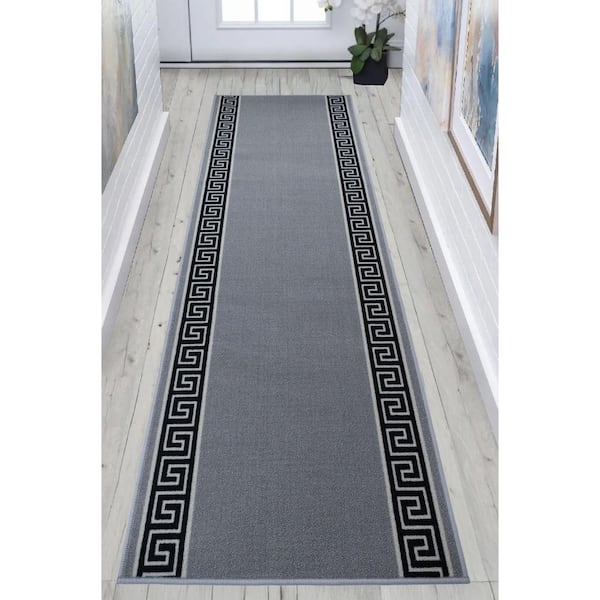Meander Greek Key Design Gray 36 in. Width x 18 ft. Your Choice Length Slip-Resistant Stair Runner Rug