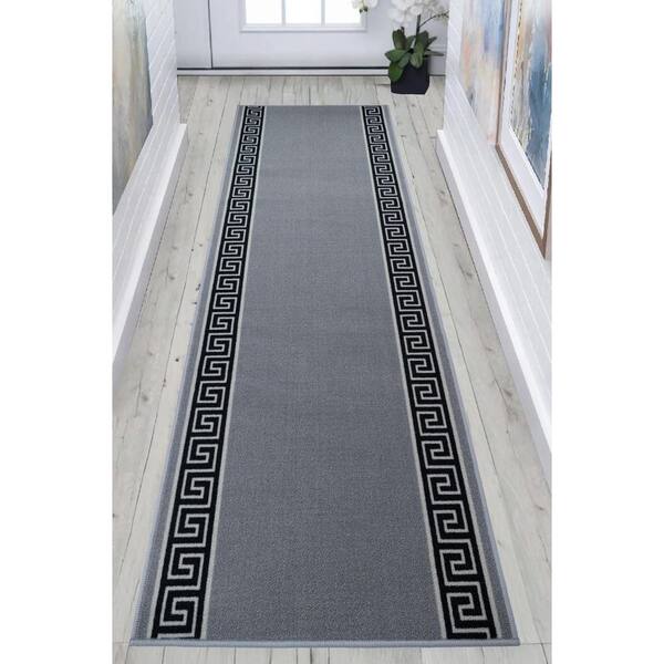 Custom Size Runner Rug Meander Greek Key Design Grey 22 in. W x 192 in. L Stair Runner 29.33 sq. ft.