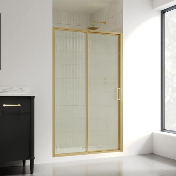 Stanford 46 3/16 in. - 48 in. W x 74 in. H Alcove Sliding Framed Shower Door with Fluted Glass in Brushed Gold Finish