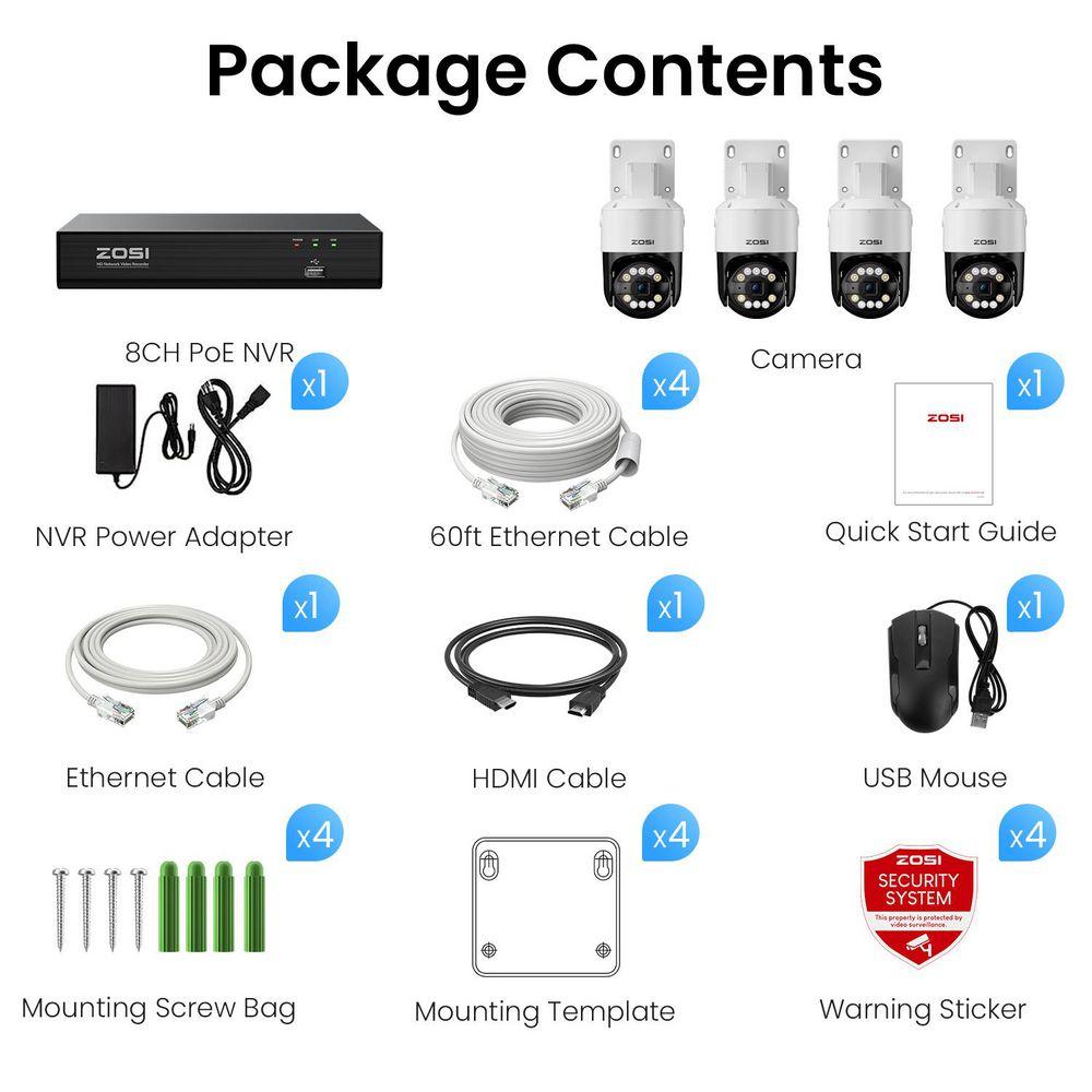 ZOSI 4K UHD 8-Channel 2TB POE NVR Security System with 4-Wired 8MP