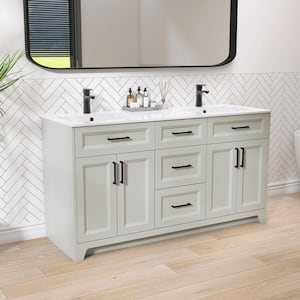 60 in. W x 22 in. D x 34 in. H Double Sinks Freestanding Shaker Bath Vanity in Light Gray with Solid Stone Top and Sink