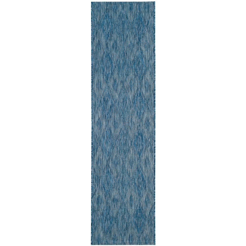 Blue Geometric Low Pile Outdoor Runner Rug
