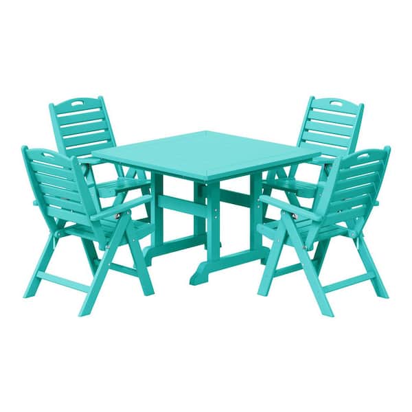 Laguna All Weather HDPE Plastic Outdoor 5-Piece Square Table Folding Highback Chairs Patio Dining Set, Turquoise